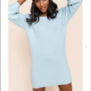 Francesca’s Boutique Bonnie V-Back Sweater Mini Dress. Light Blue.Size Small NWT